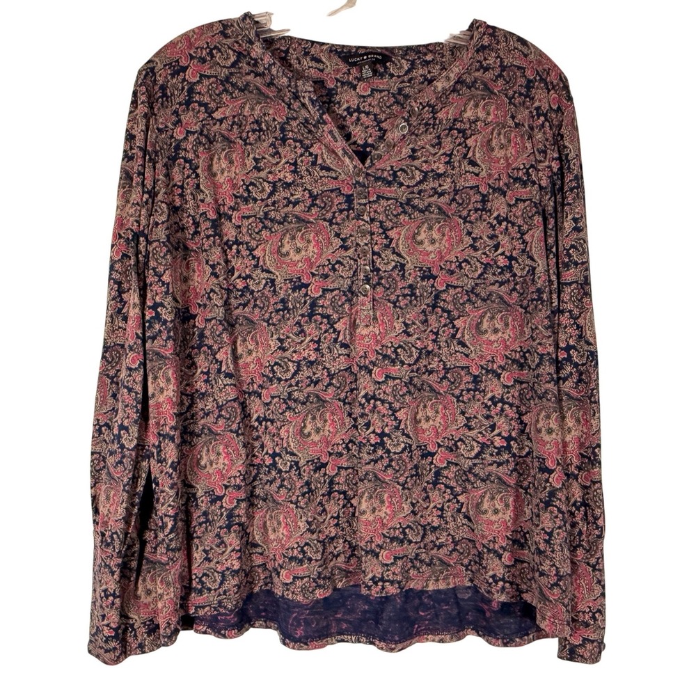 Lucky Brand Womens Large Pink Navy Paisley Button Front Viscose Blouse Top